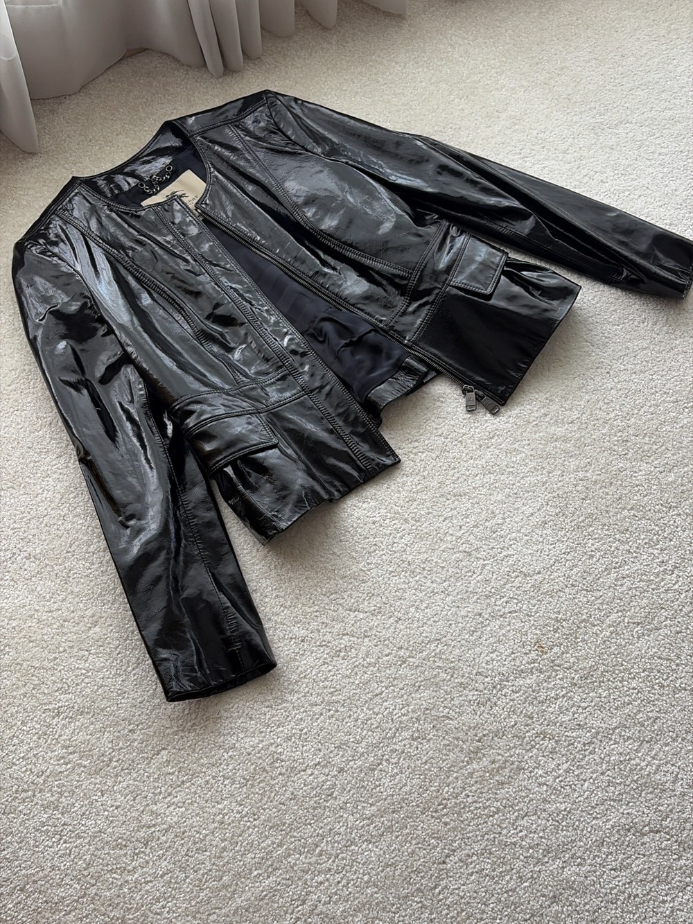 Burberry Black Patent Leather Collarless Moto Jacket